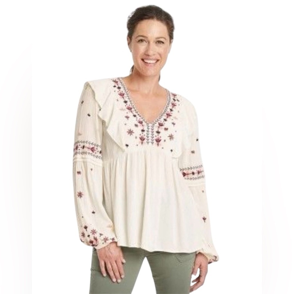 Knox Rose Women’s Embroidered Ruffle Peasant Blouse Ivory XS